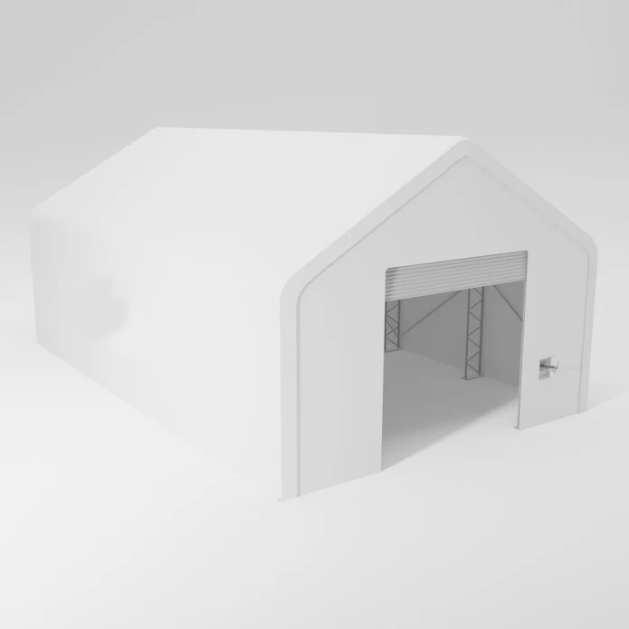 A white, cartoon-style storage shed with a rolling door.