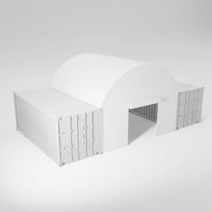White storage containers and curved shelter.