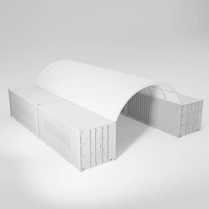 Two white shipping containers with a white arched cover.