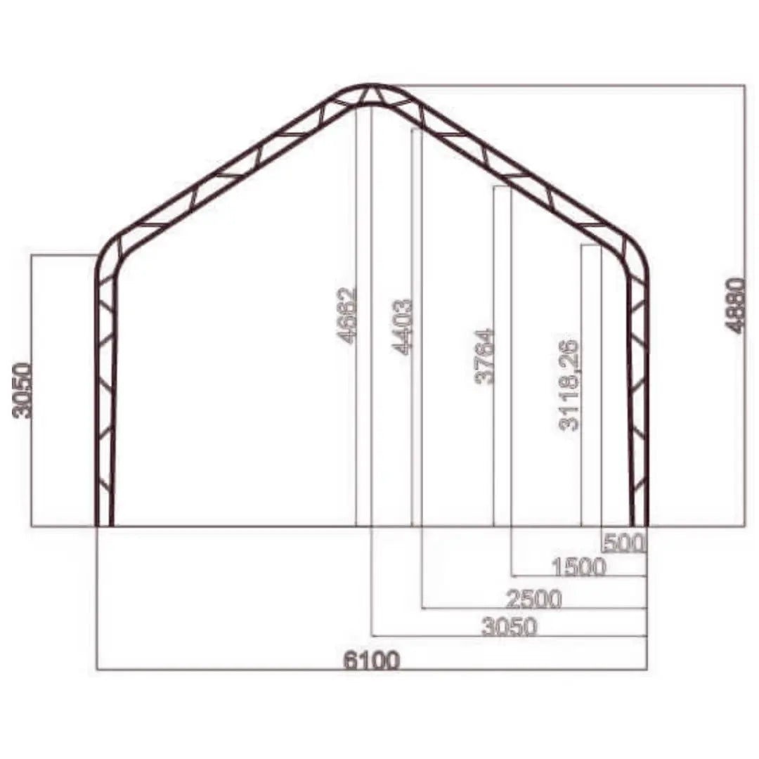 Technical drawing of a shelter structure with height and width measurements.