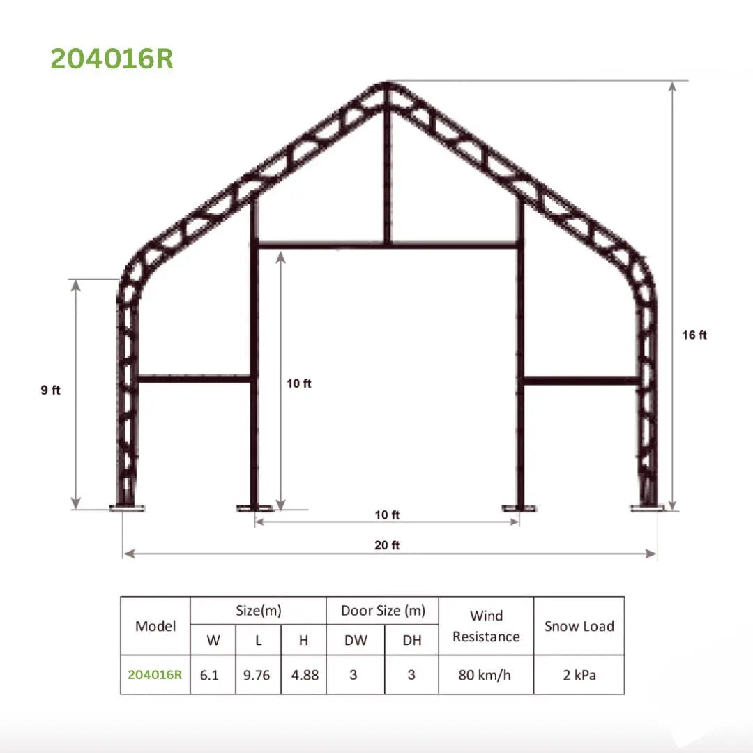 Diagram of a metal greenhouse frame with measurements in feet and meters, plus a data table indicating product specifications.