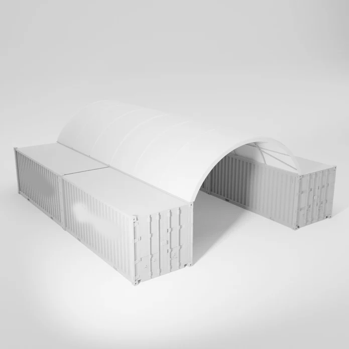 White structure made of corrugated metal shipping containers and a rounded roof.
