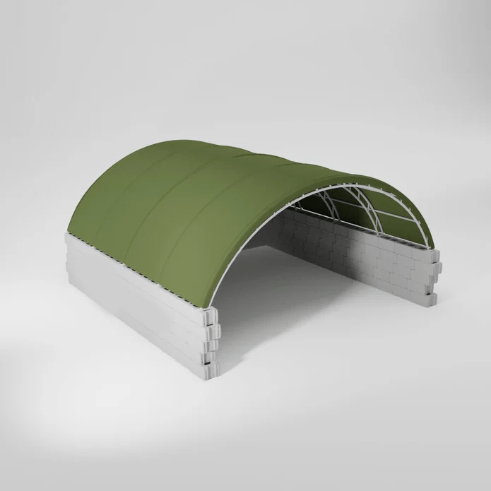 A green semi-circular tent-like structure with a metal frame.