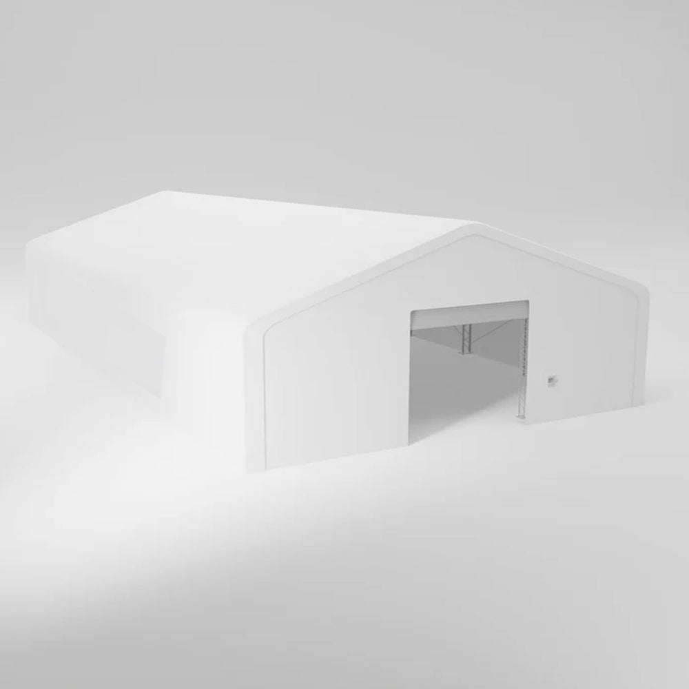 White warehouse with open doorway.