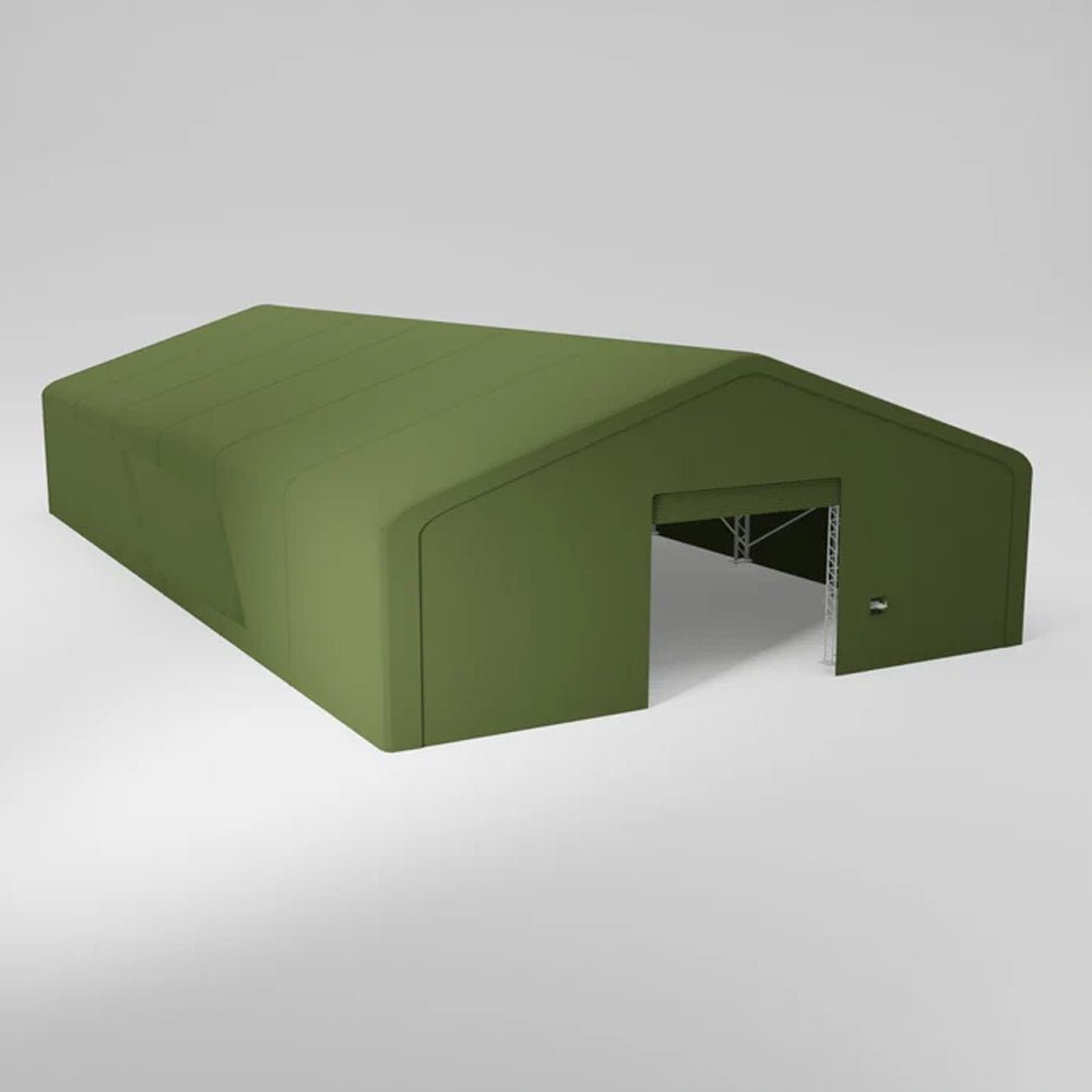 An olive green rectangular tent with an open front.