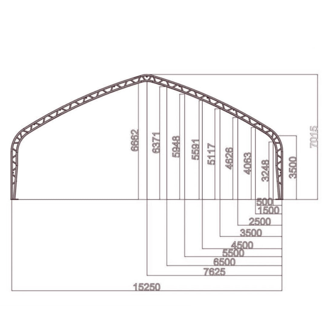 Technical drawing of a building frame with dimensions.