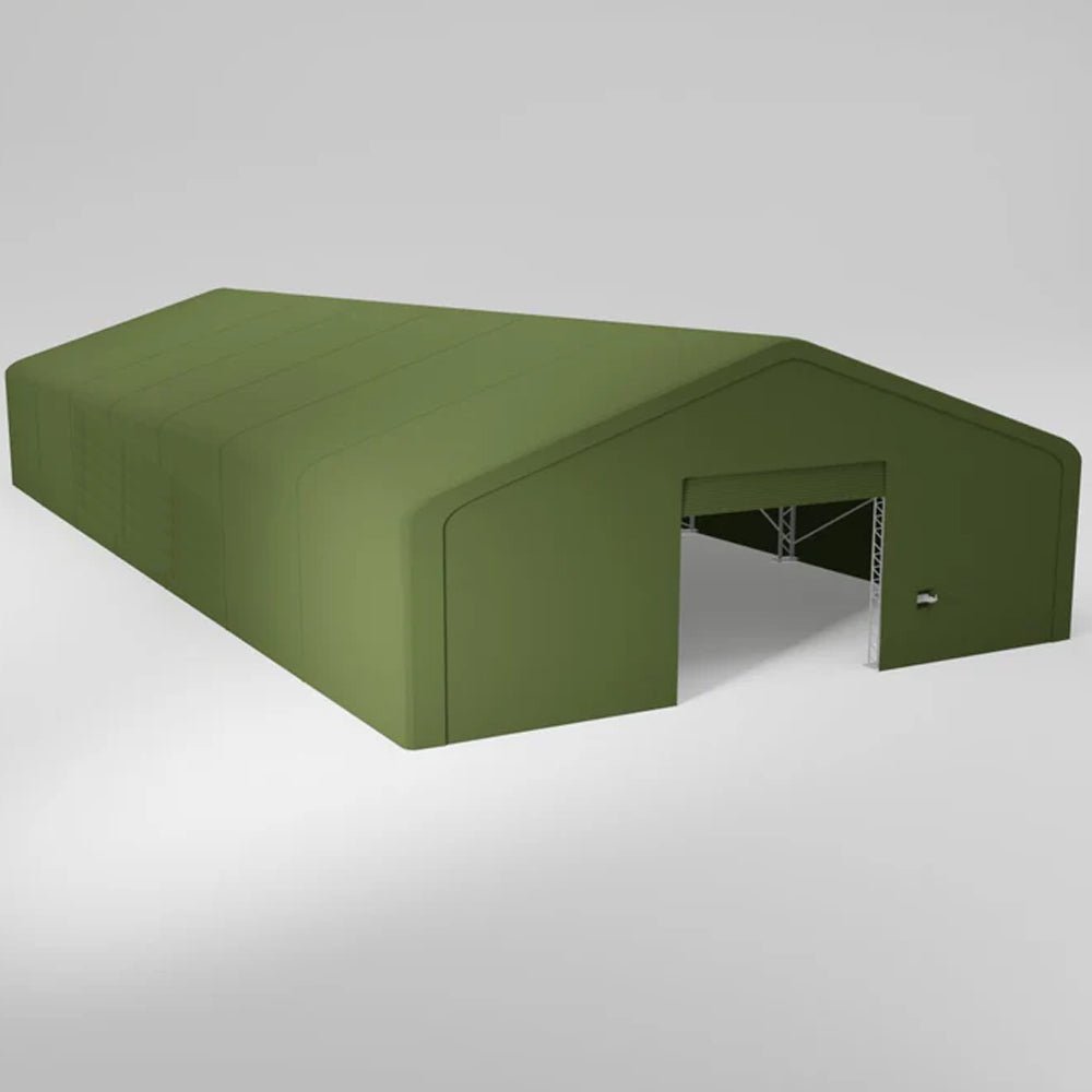 Olive drab tent structure with open roll-up door.