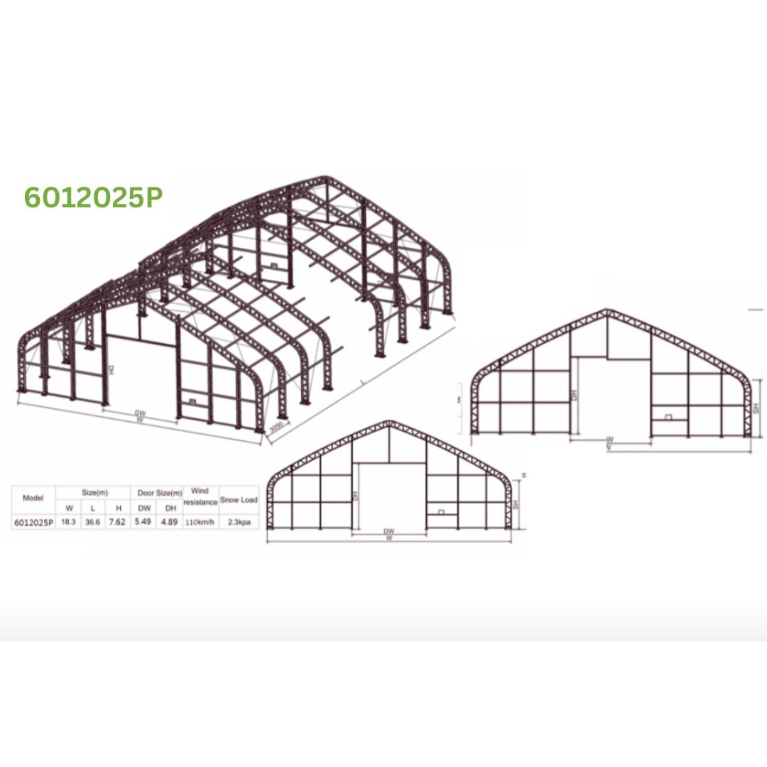 Technical drawings of a building frame and specifications.