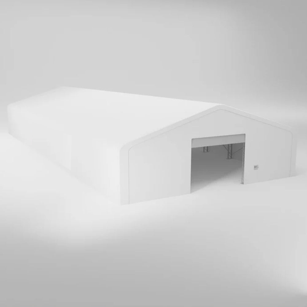 A white prefab warehouse with a wide open doorway.