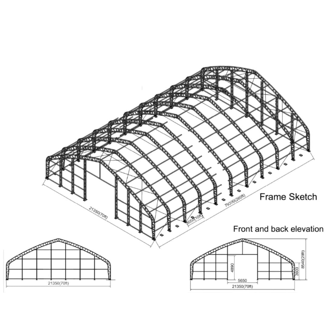 A line drawing shows the frame of a large structure with its dimensions.