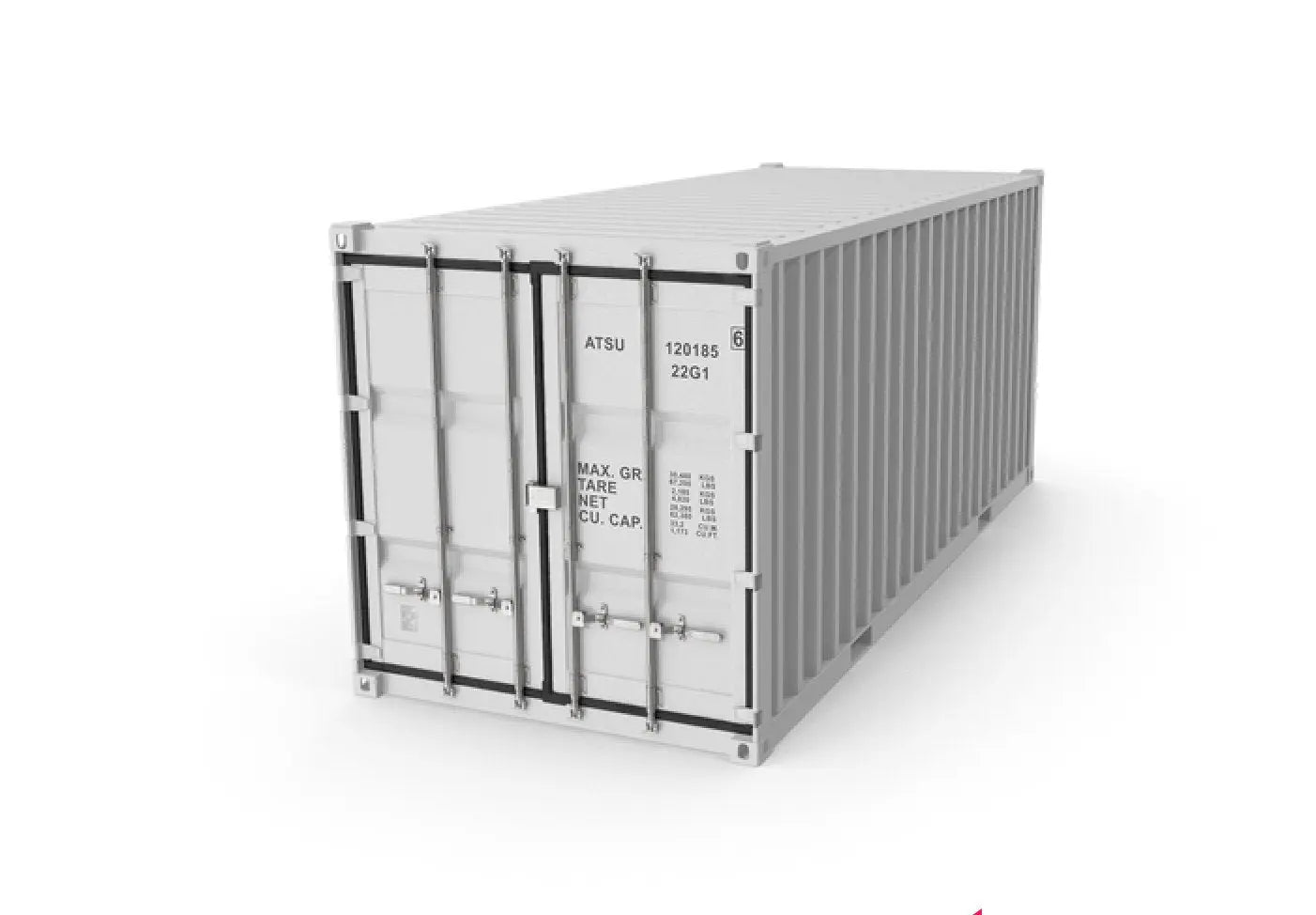 Eye-level shot of a white shipping container.