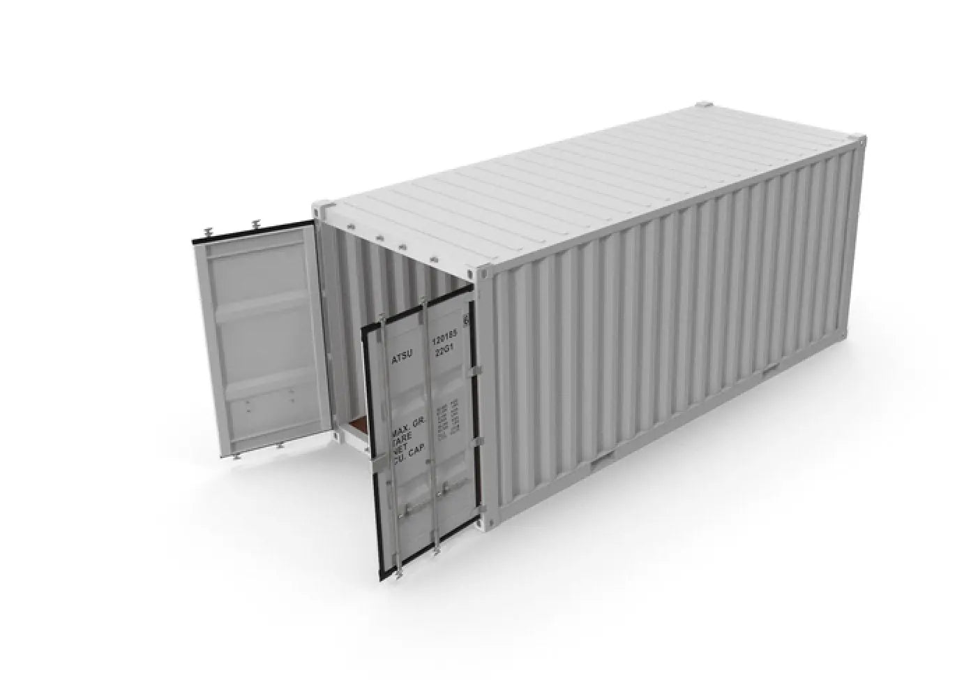 White shipping container with open doors.