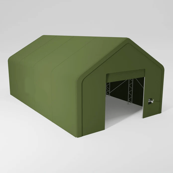 Green tent with a garage door.
