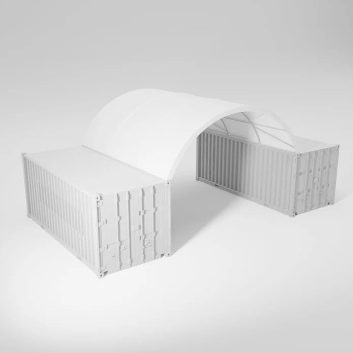 Two shipping containers connected by a white arched roof.