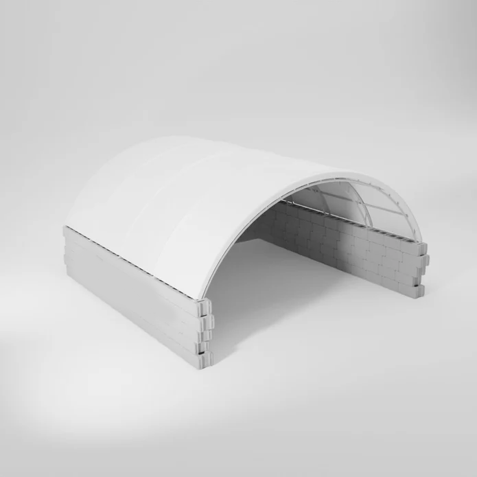 Angled eye-level product shot of a grey and white quonset hut-like structure on a white background.