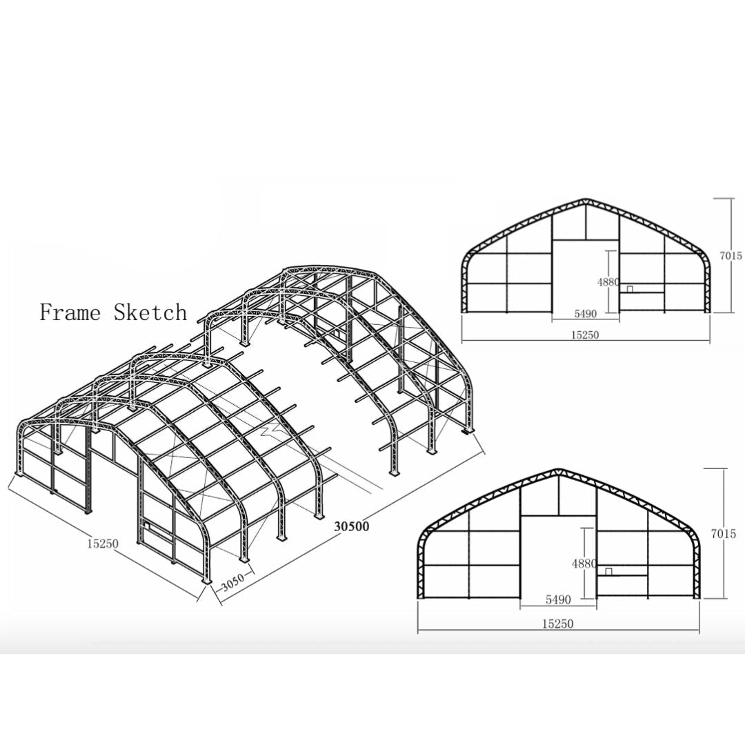 Architectural drawing of a metal frame structure with dimensions.