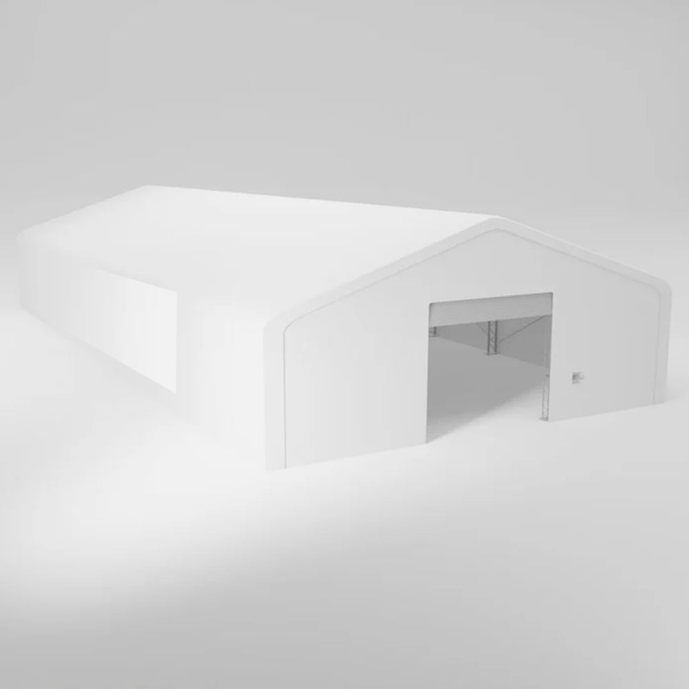 White fabric structure with a garage door.
