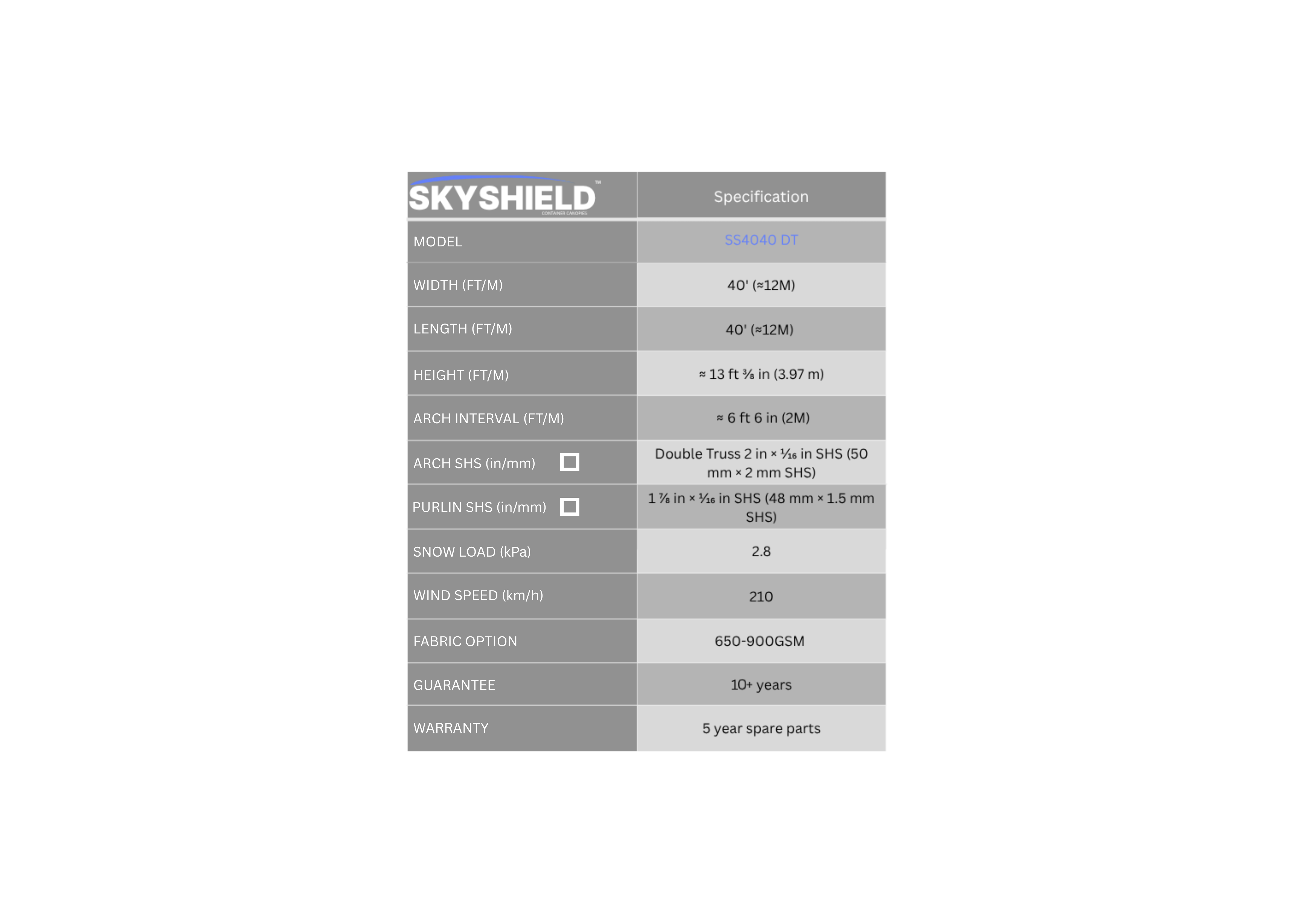Close-up of a specification table for SkyShield container canopies, detailing features like model, dimensions, material specifications, and warranty.