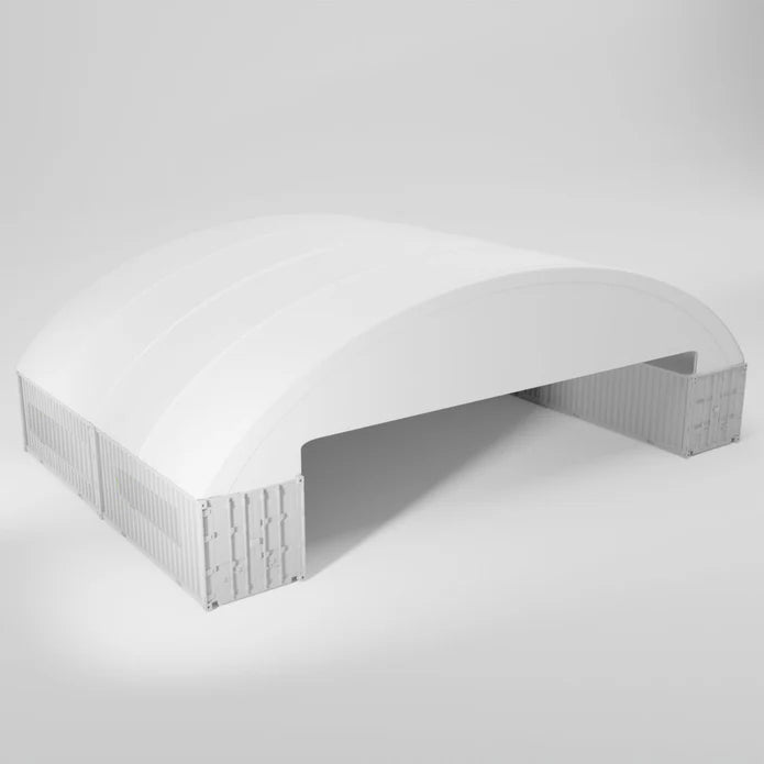 White shipping container shelter with curved roof.